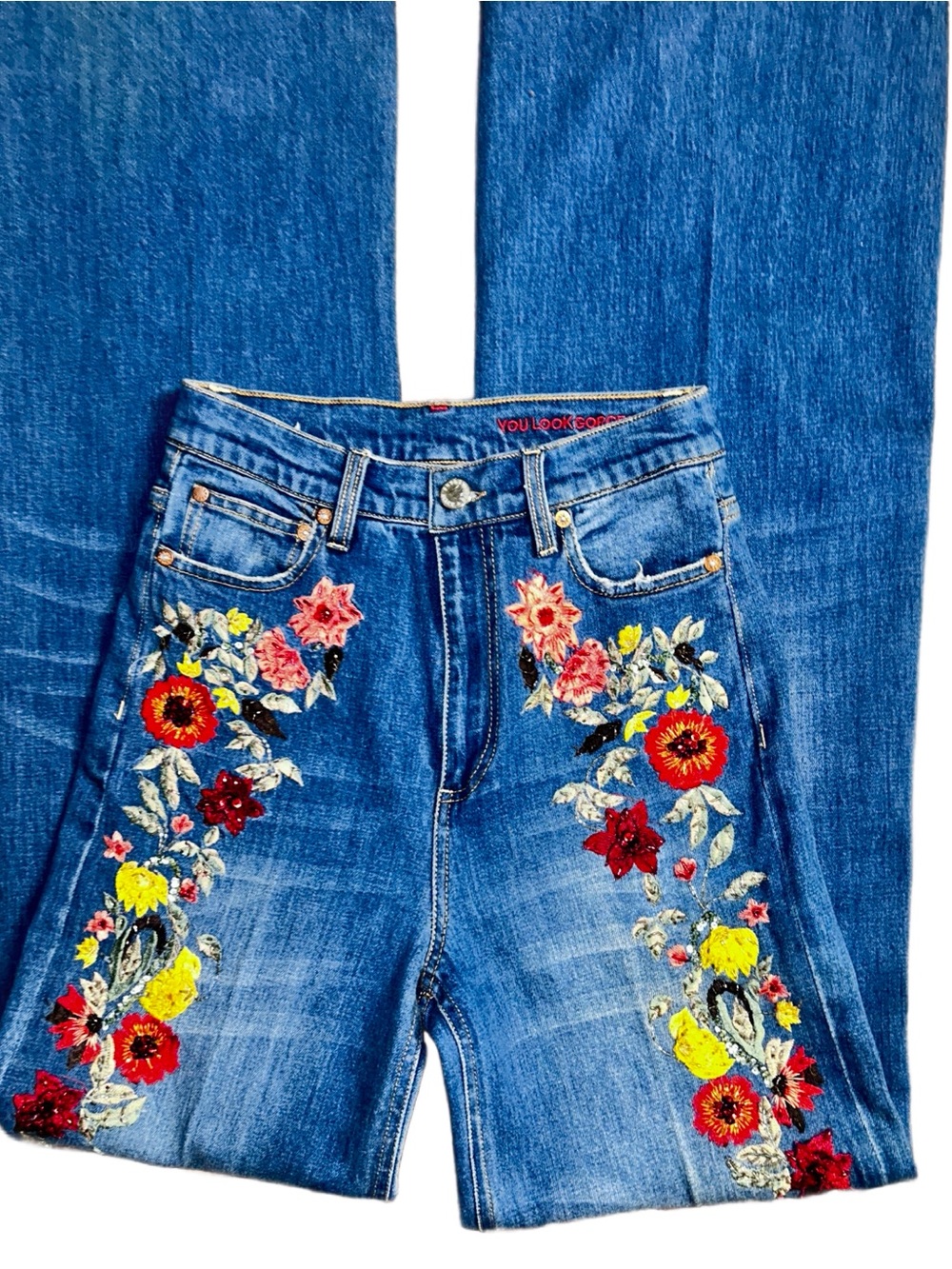Alice + Olivia ~ Size 27 ~ Blue Denim W/ Multi-Colors Embroidery Floral Jeans - Picture 10 of 16